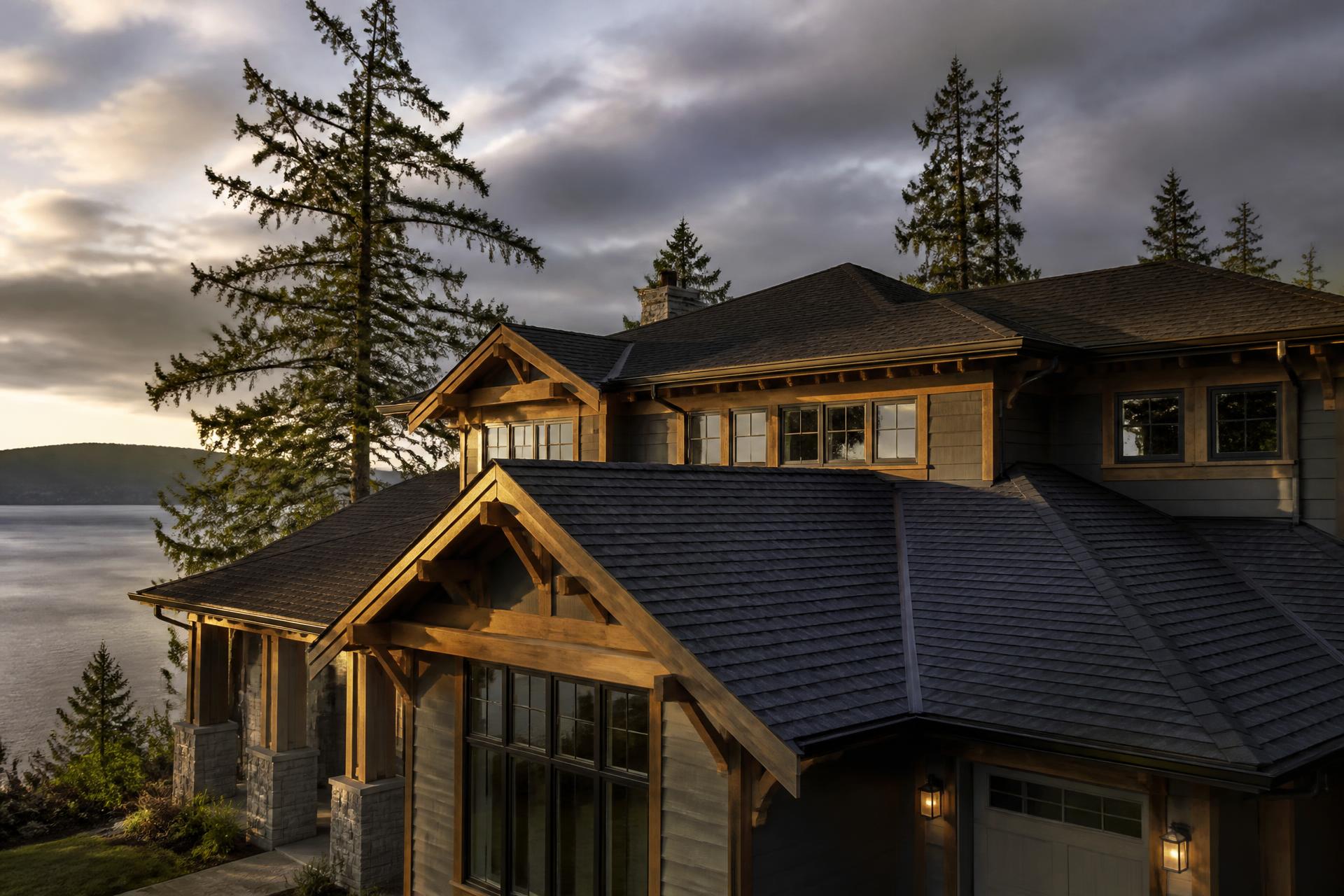 Newly installed shingle roof on a West Coast home at golden hour